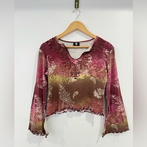 Vintage Women y2k Flare Sleeve Ombré Paisley Beaded Top XL Lettuce Hem Whimsical